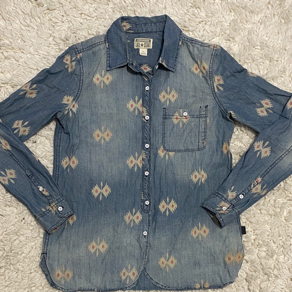 VNTG  Converse All Star Womens Sz S Distressed Denium Western button down Shirt